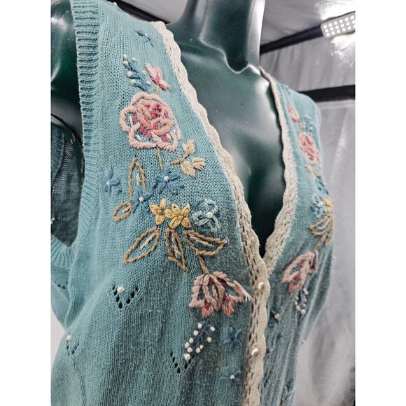 Vintage Koret Pastel Blue Cotton Crochet Floral Granny Sweater Vest S 3810 - Picture 4 of 10